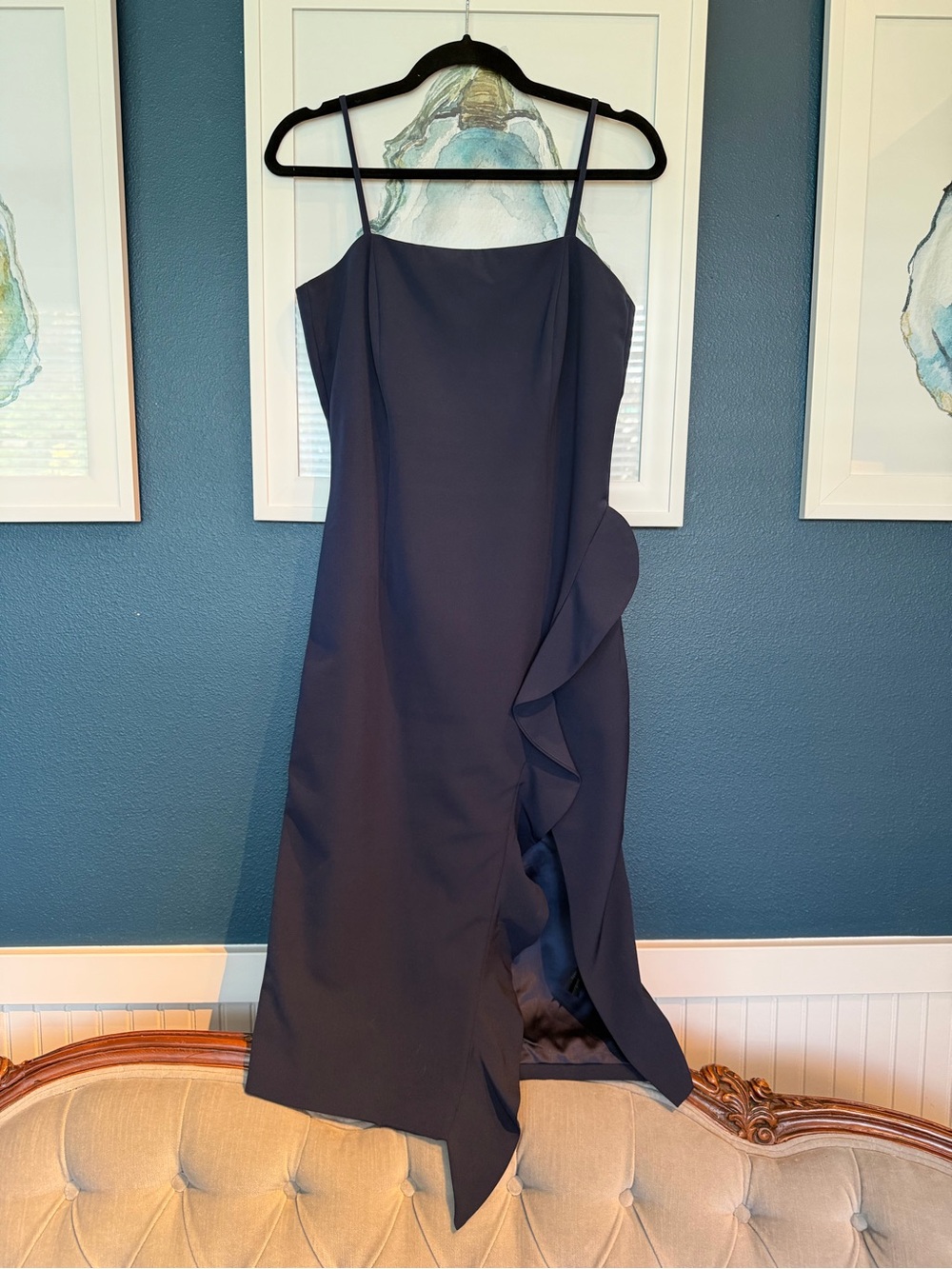 Elegant Navy Blue Ruffle-Detail Spaghetti Strap Dress
